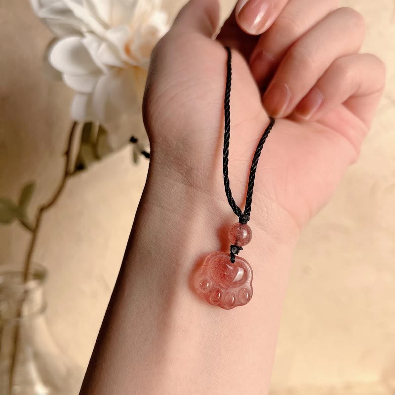 Strawberry Quartz Lovely Cat Paw Claw Healing Necklace Pendant