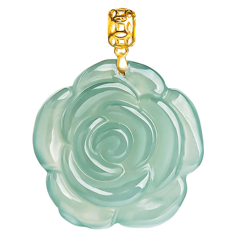 18K Gold Buckle 925 Sterling Silver Chain Natural Jade Rose Luck Necklace Pendant