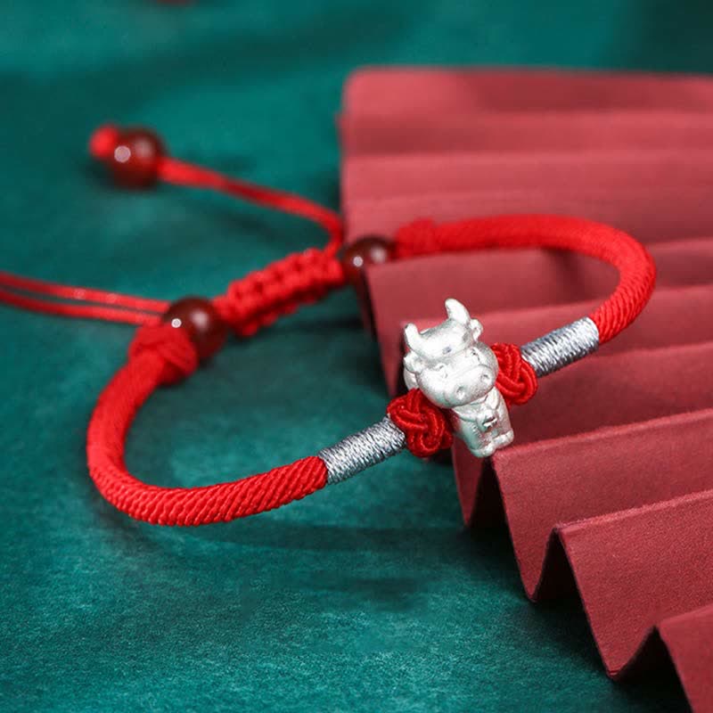 Handcrafted 999 Fine Silver Chinese Zodiac Red String Adjustable Bracelet