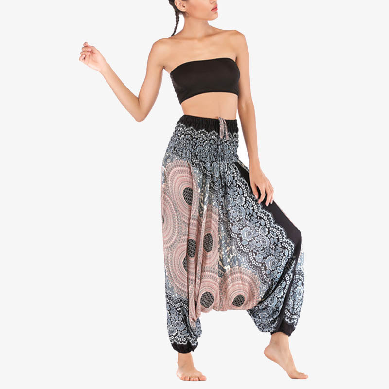 Two Style Wear Round Geometric Pattern Loose Smocked Harem Trousers Jumpsuit High Waist Women's Yoga Pants