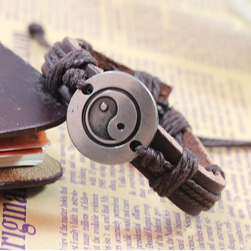 Retro Yin Yang Leather & Wax Rope Harmony Bracelet