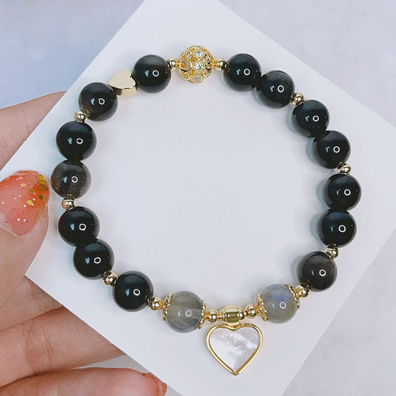 Natural Silver Sheen Obsidian Love Heart Star Flower Protection Bracelet