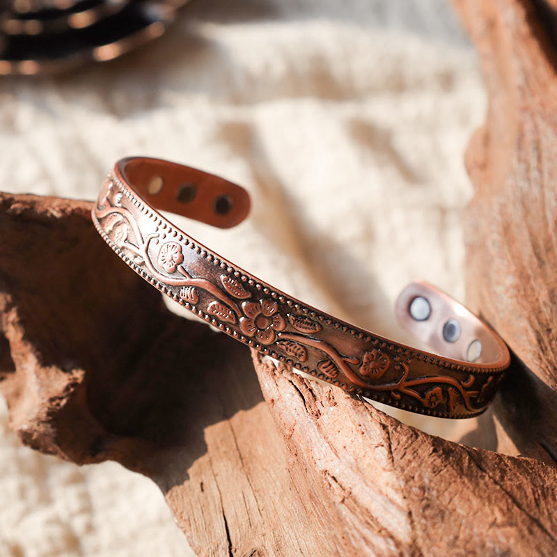 Floral Magnetic Copper Adjustable Cuff Bracelet Bangle