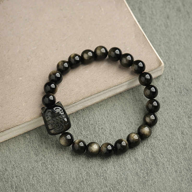 Handmade Gold & Silver Sheen Obsidian Feline Motif Beaded Bracelet