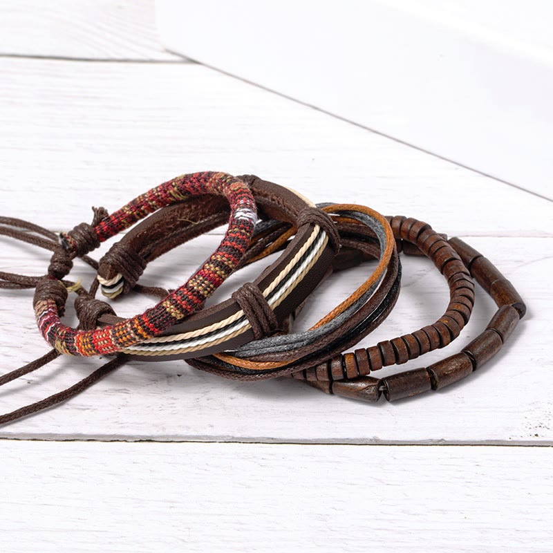 Wrap Hemp Cords Wood Beads Leather Bracelet