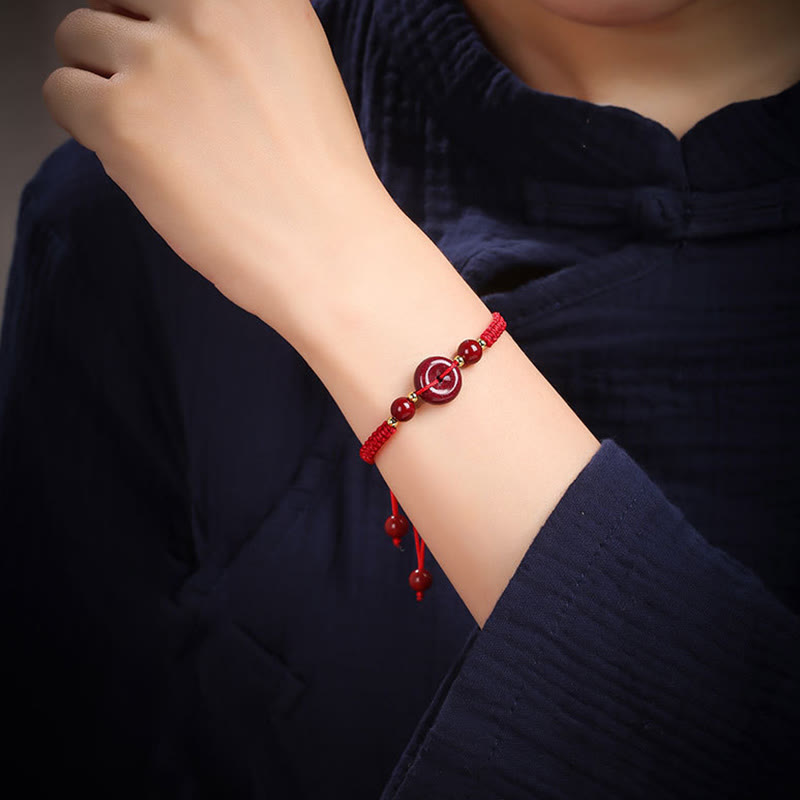 Natural Cinnabar Ping An Kou Adjustable Red String Bracelet