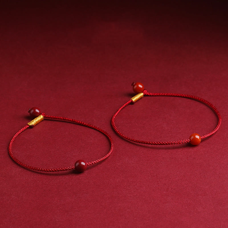Natural Cinnabar or Red Agate Hand-Woven Red String Bracelet
