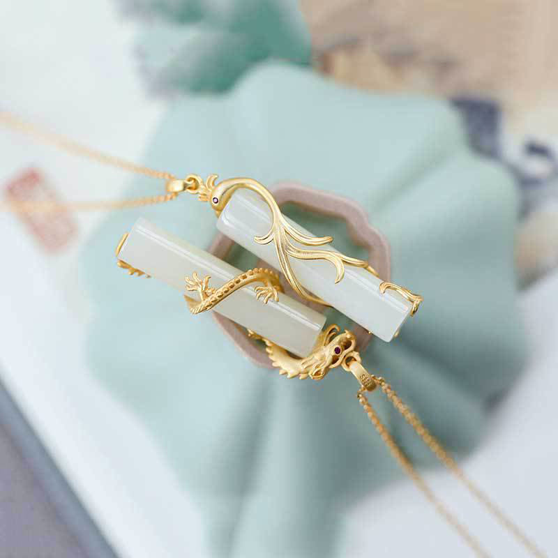 Jade Dragon Phoenix Copper Protection Necklace Pendant