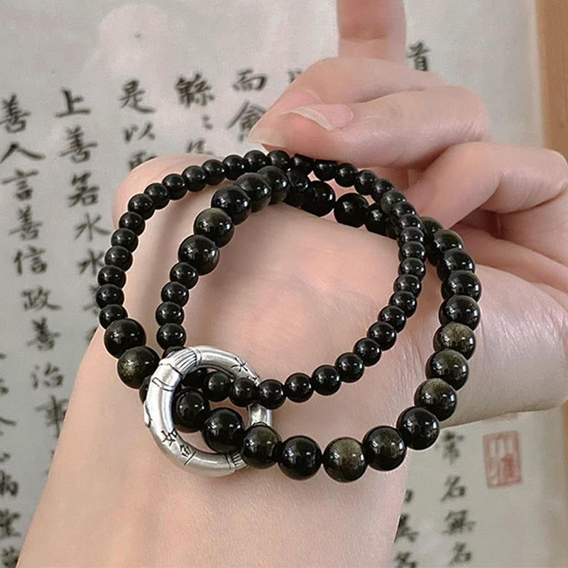 999 Sterling Silver Black Obsidian Fulfillment Strength Double Layer Bracelet