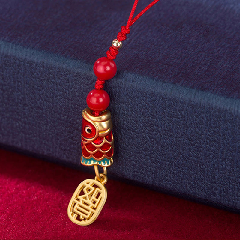 Koi Fish Cinnabar Attracting Wealth Wish Ruyi Charm Luck Phone Hanging Decoration