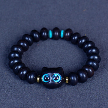 Natural Ebony Wood and Liuli Glass Lucky Cat Beaded Bracelet for Cat Lovers