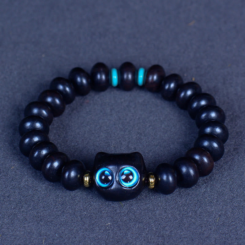Natural Ebony Wood and Liuli Glass Lucky Cat Beaded Bracelet for Cat Lovers