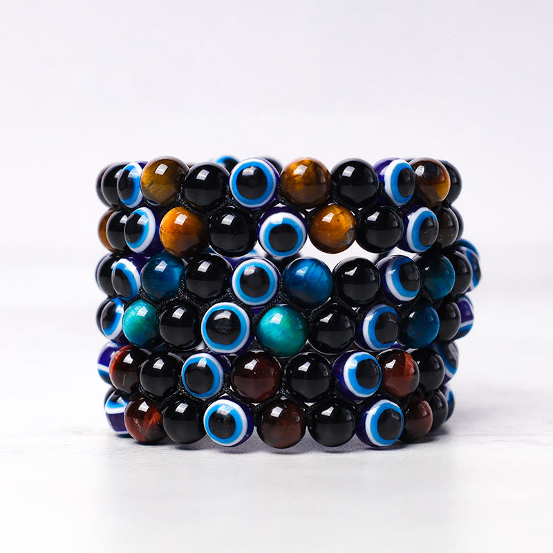 Handmade Evil Eye Hematite and Tiger Eye Adjustable Beaded Bracelet for Men and Women