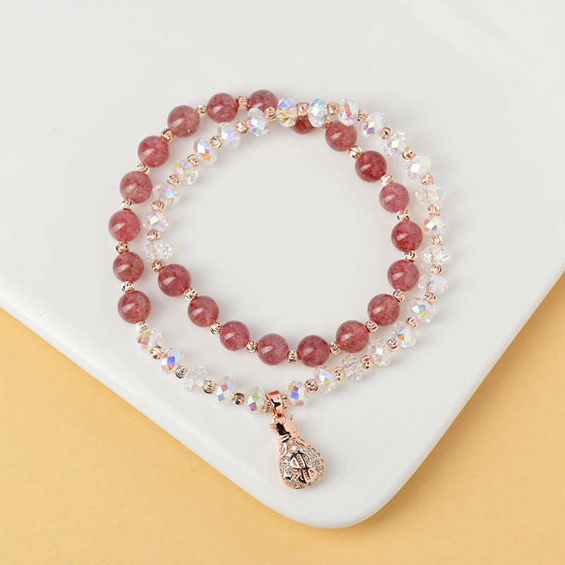 Strawberry Quartz and Clear Quartz Wealth Bag Copper Charm Bracelet for Women
