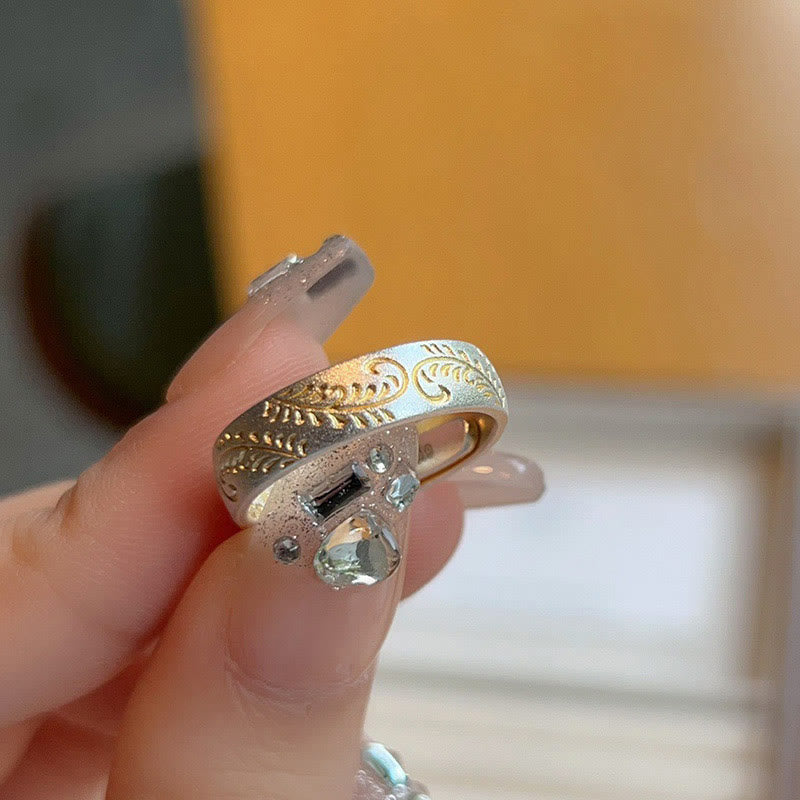 999 Sterling Silver Gold-Painted Joyful Flower Pattern Peaceful Heart Sutra Ring
