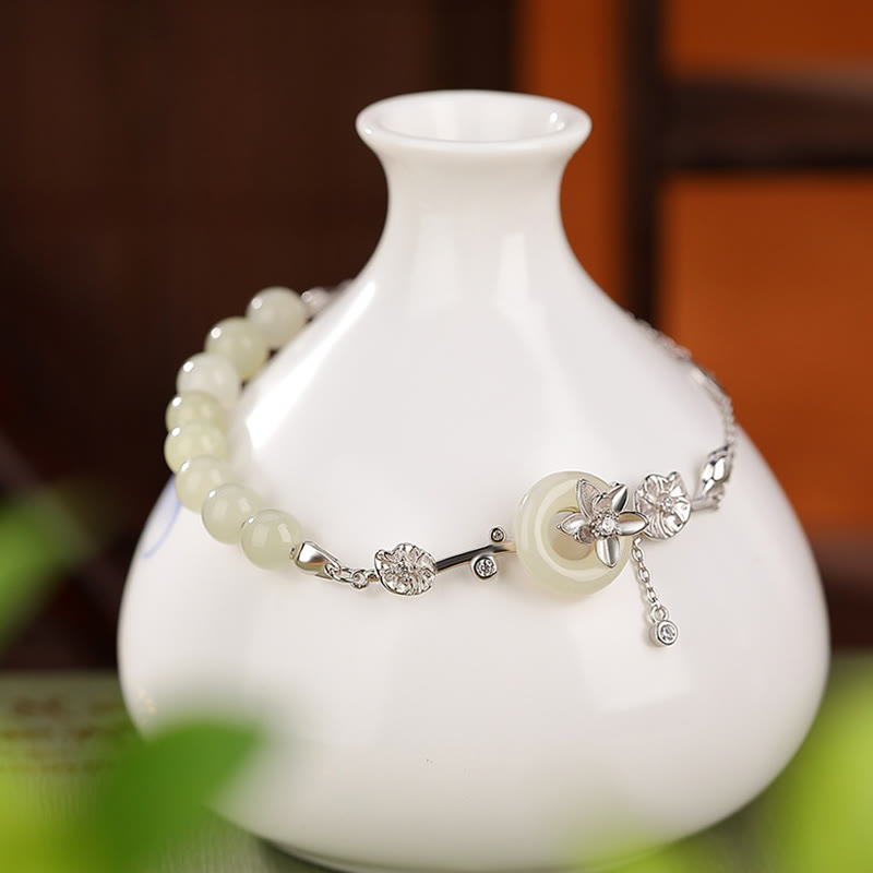 925 Sterling Silver Hetian Jade Peace Buckle Lotus Luck Chain Bracelet