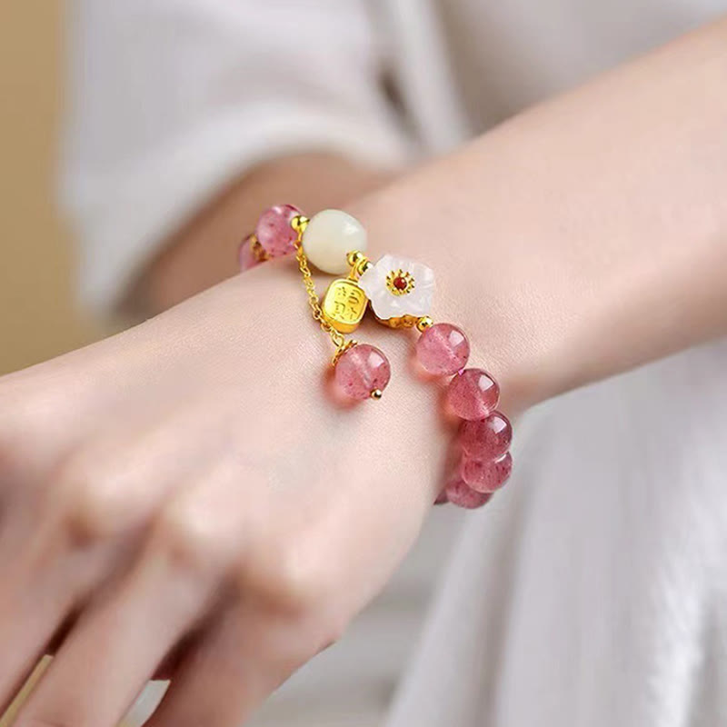 Pink Rose Quartz & Hetian Jade Fu Symbol Crystal Bracelet