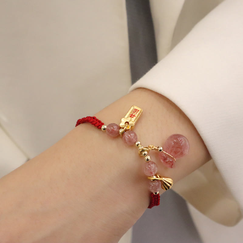 Natural Strawberry Quartz Money Bag Lotus Healing Charm Red String Braided Bracelet