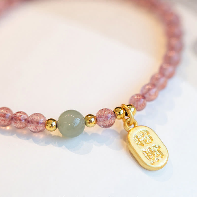 Natural Jade & Strawberry Quartz Garnet Fu Prosperity Character Beaded Bracelet