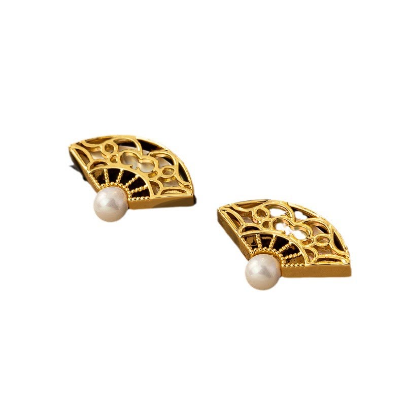 925 Sterling Silver Fan Pattern Pearl and Copper Stud Drop Earrings