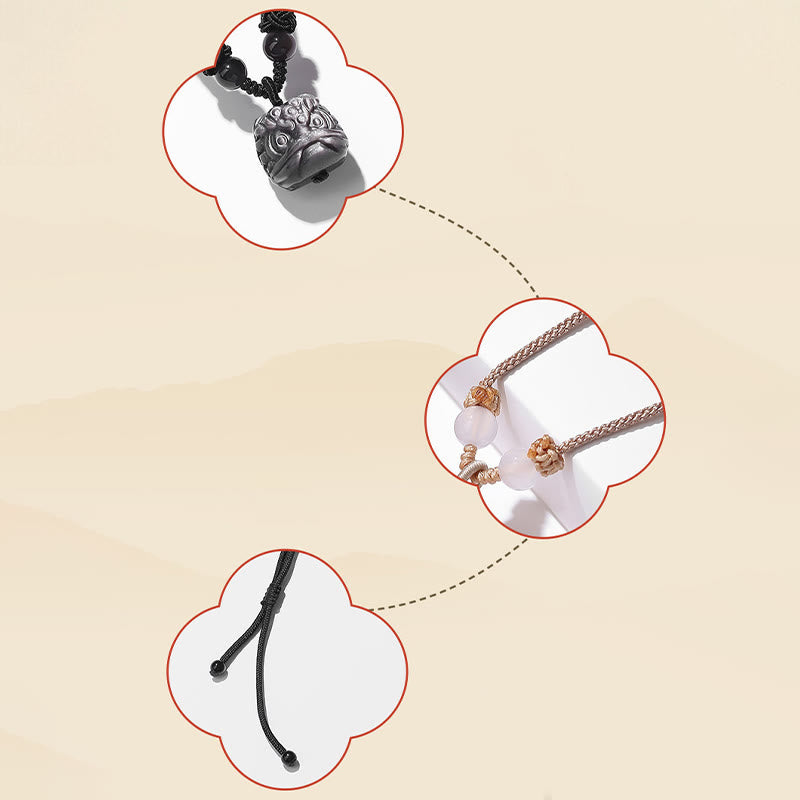 Natural Silver Sheen Obsidian Red Agate Dancing Lion Protection Necklace Pendant