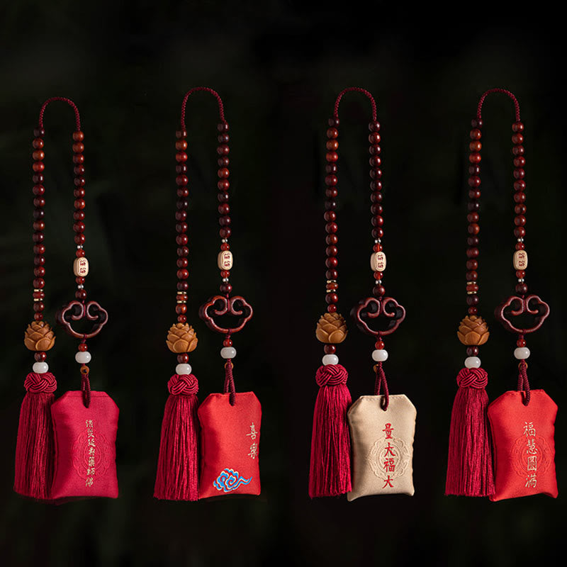 Tibetan Small Leaf Red Sandalwood Lotus Cinnabar Sachet Protection Tassel Car Hanging Decoration