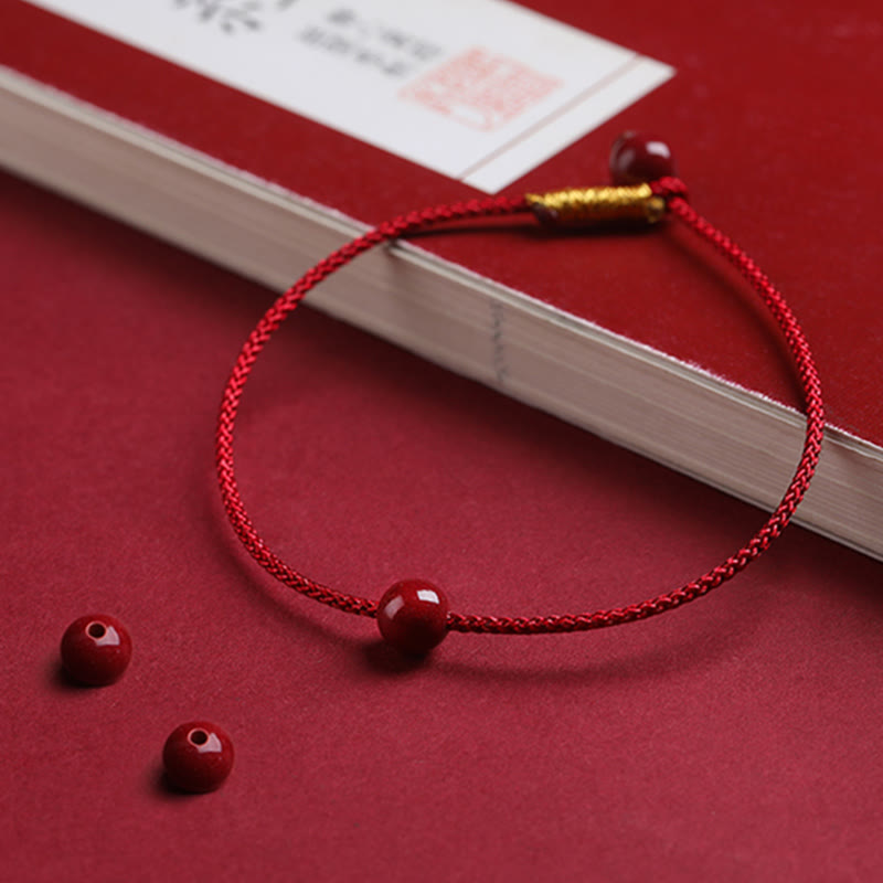 Natural Cinnabar or Red Agate Hand-Woven Red String Bracelet