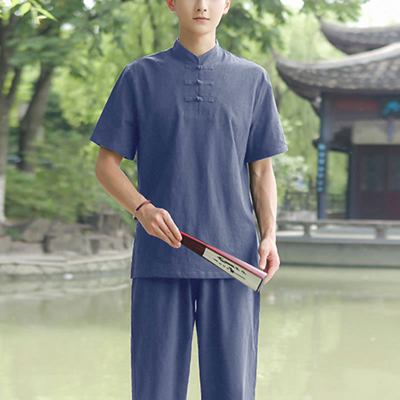 2Pcs Men's Short Sleeve Shirt Top T-Shirt Pants Meditation Zen Tai Chi Cotton Linen Clothing Set
