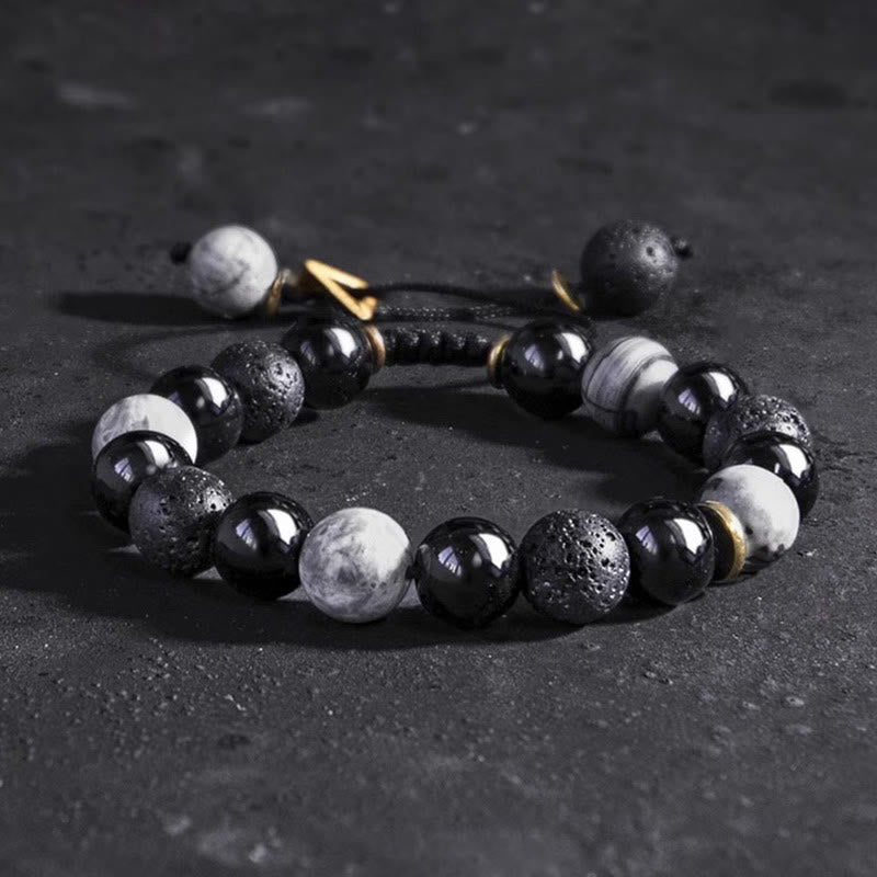 Yin Yang Balance Beaded Bracelet with Black Obsidian and Lava Stone