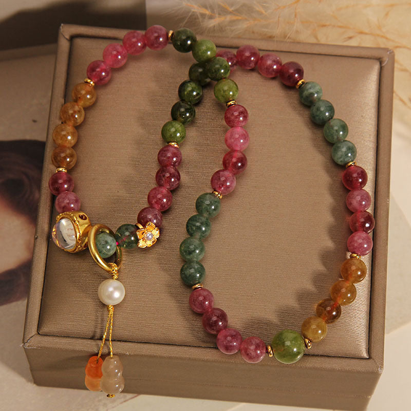 Multicolored Tourmaline Double Wrap Bracelet with Wu Lou Gourd Charm