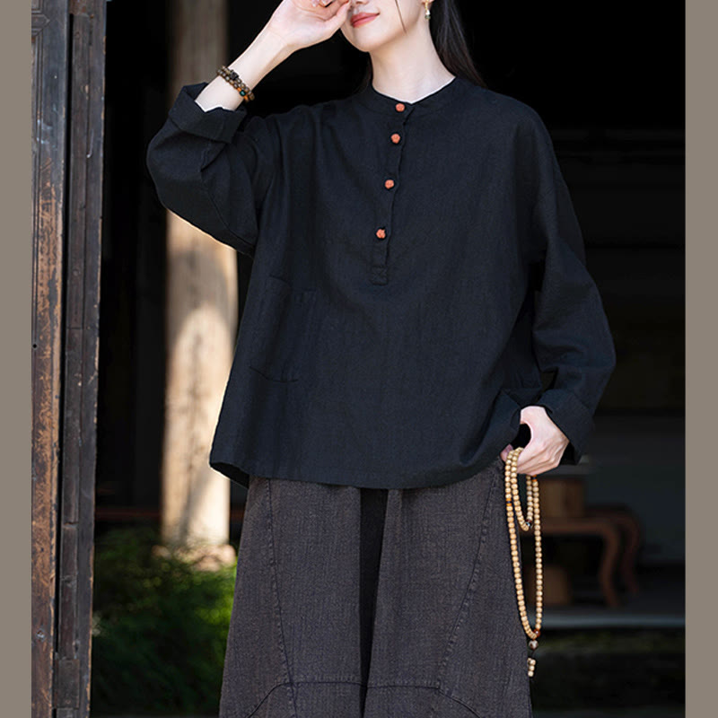 Solid Color Loose Button Blouse Long Sleeve Shirt Top