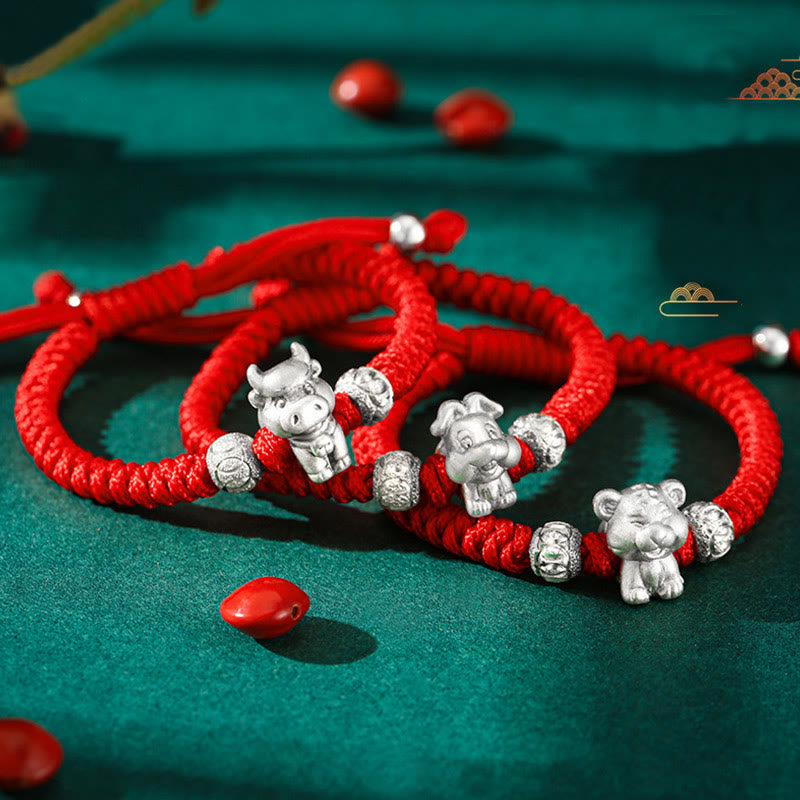 Handcrafted 999 Sterling Silver Chinese Zodiac Vajra Knot Red String Kids Bracelet