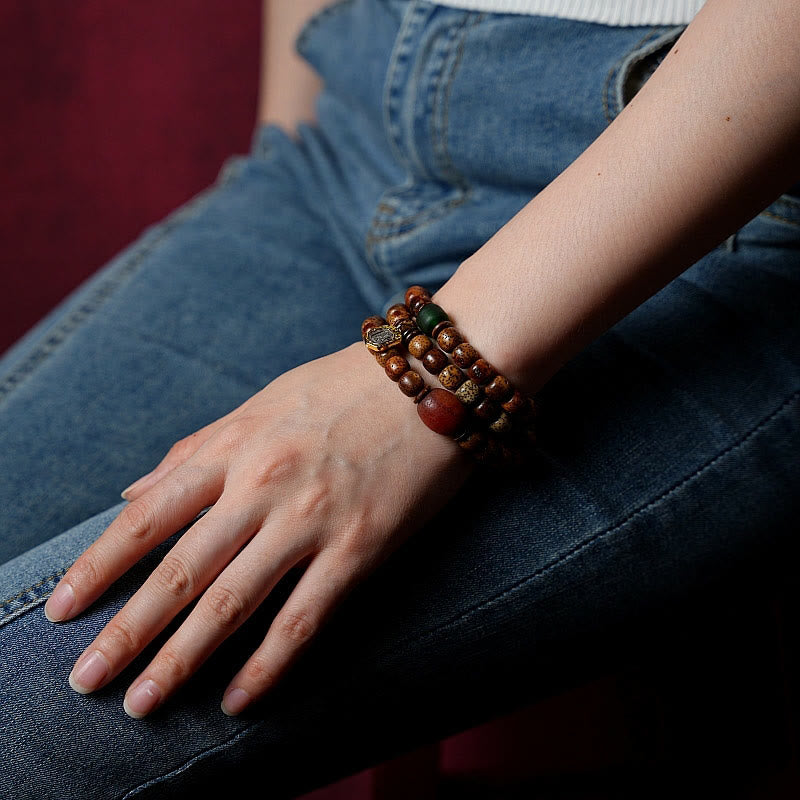 Tibetan Bodhi Seed Amber Dzi Bead Agate Zakiram Goddess of Wealth Beads Triple Wrap Bracelet