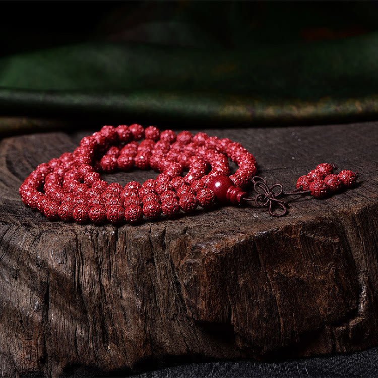 108 Mala Beads Cinnabar Om Mani Padme Hum Pattern Engraved Blessing Bracelet