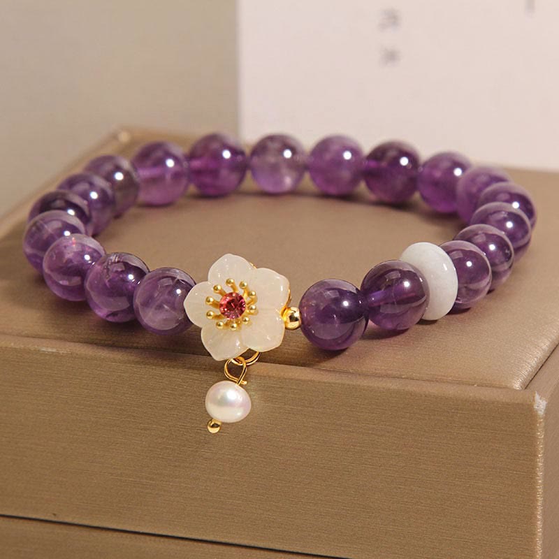 Natural Amethyst, White Agate & Pearl Charm Balance Bracelet (14-17cm)