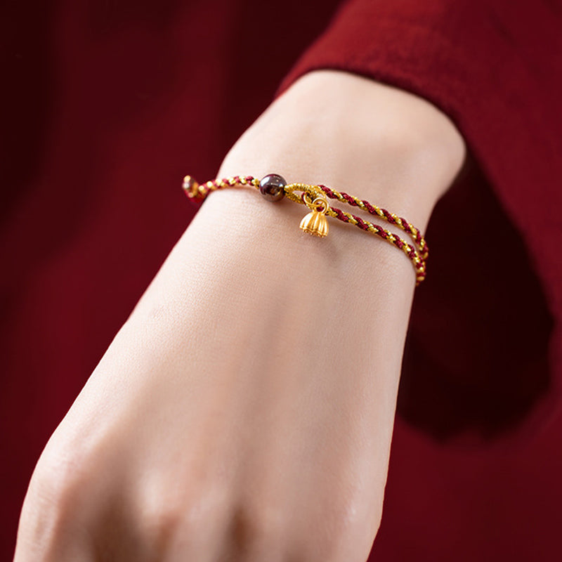 Handcrafted Red Gold Rope Lotus Peace And Joy Charm Braid Bracelet