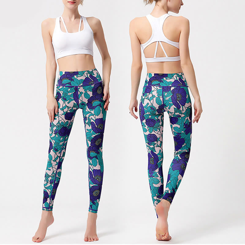 Colorful Flower Petal Leaves Print Sports Exercise Fitness High Waist Leggings Women's Yoga Pants