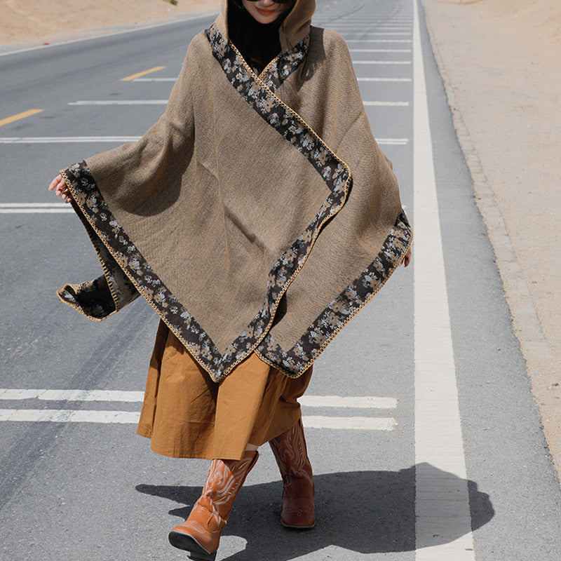 Tibetan Shawl Border Small Floral Flower Hooded Cloak Winter Cozy Travel Scarf Wrap