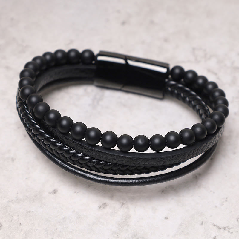 Natural Lava Rock Black Onyx Bead Leather Bracelet
