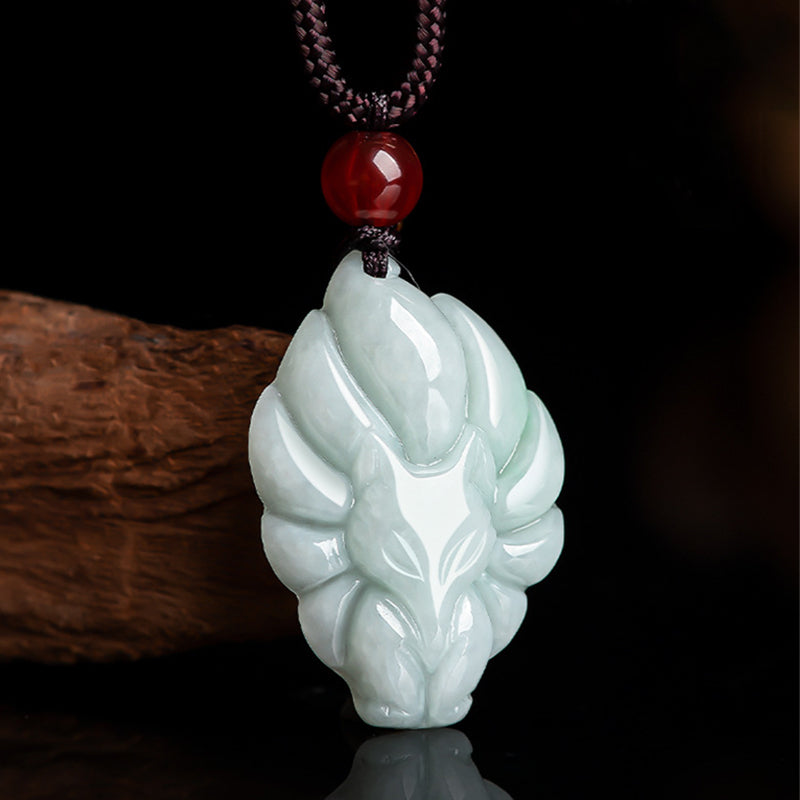 Natural Jade Nine Tailed Fox Luck Prosperity Necklace Pendant