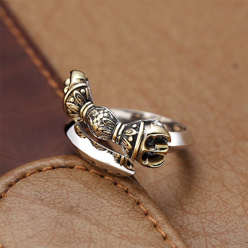 Tibetan Vajra Engraved Sterling Silver and Copper Adjustable Ring