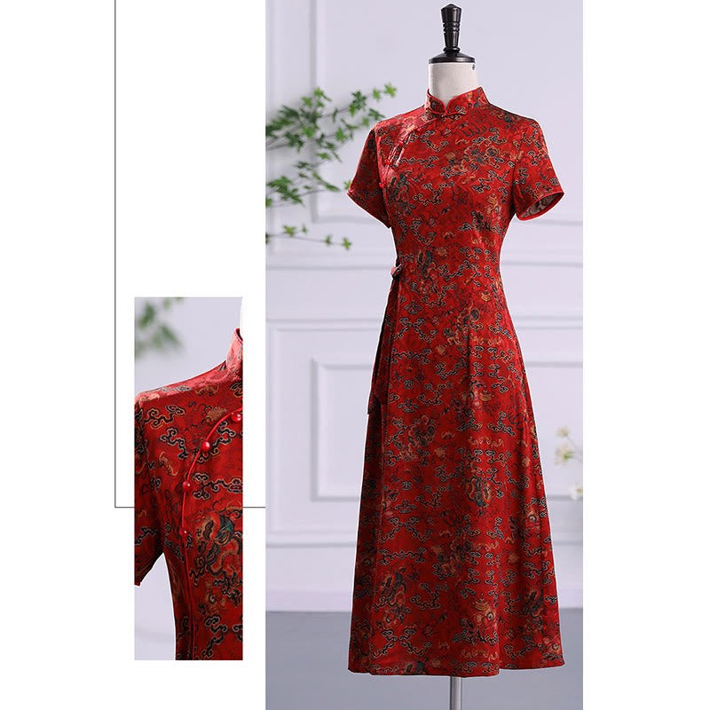 Vintage Auspicious Clouds Leaf Print Cheongsam Dress Women's Qipao Dress