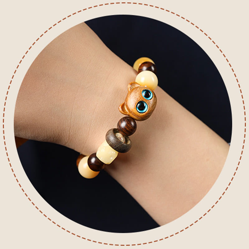Natural Bodhi Seed Sandalwood Lucky Cute Cat Head Paw Claw Peace Bracelet