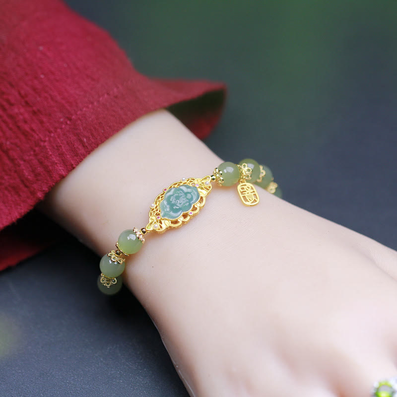 925 Sterling Silver Plated 14K Gold Hetian Jade Lotus Luck Bracelet