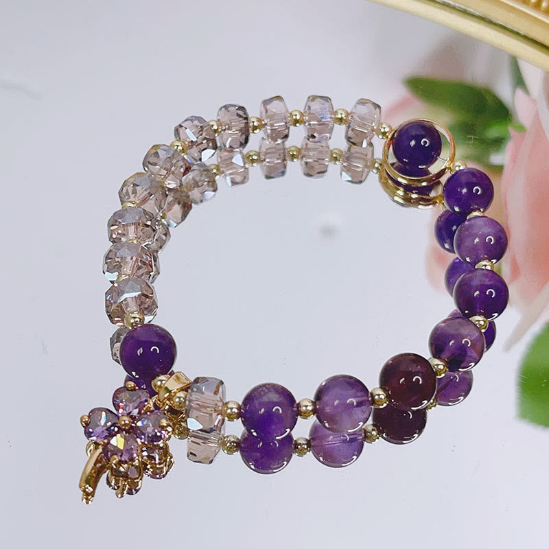 Amethyst Crystal Four Leaf Clover Healing Charm Bracelet