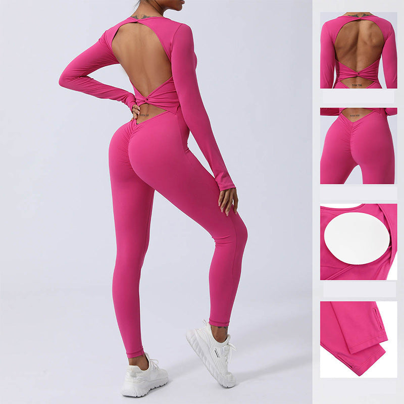 Women Long Sleeve Backless Jumpsuit Sports Fitness Yoga Bodysuit
