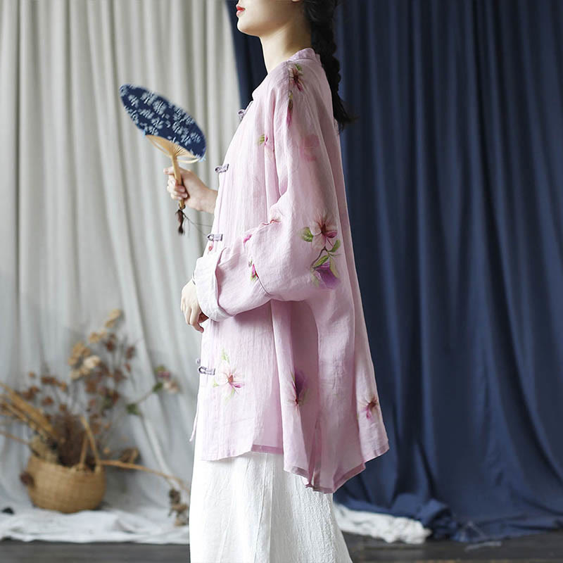 Pink Flower Print Frog-button Design Batwing Long Sleeve Ramie Linen Jacket Shirt