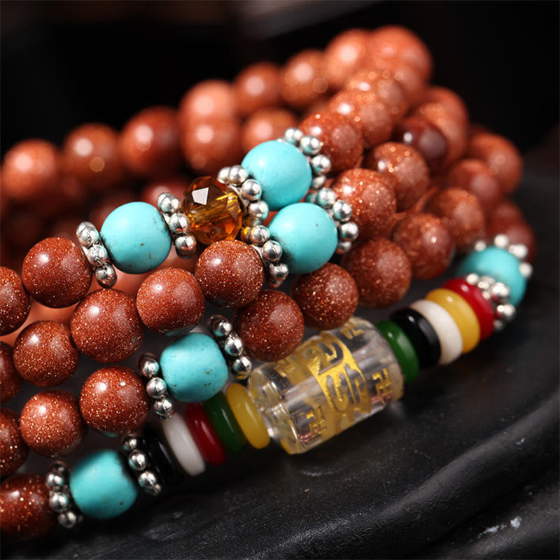 108 Mala Beads Goldstone Om Mani Padme Hum Swastika Confidence Bracelet