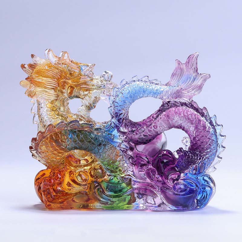 Year of the Dragon Handmade Dragon Playing With Pearl Ingot Liuli Crystal Art Piece Protection Home Office Decoration