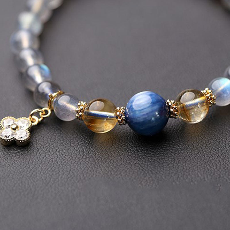 Natural Moonstone Citrine Kyanite 14K Gold Flower Charm Beaded Bracelet